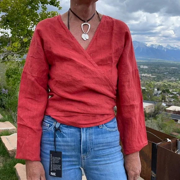 100% coral red linen wrap top. New with tags from Sundance. - Picture 5 of 5